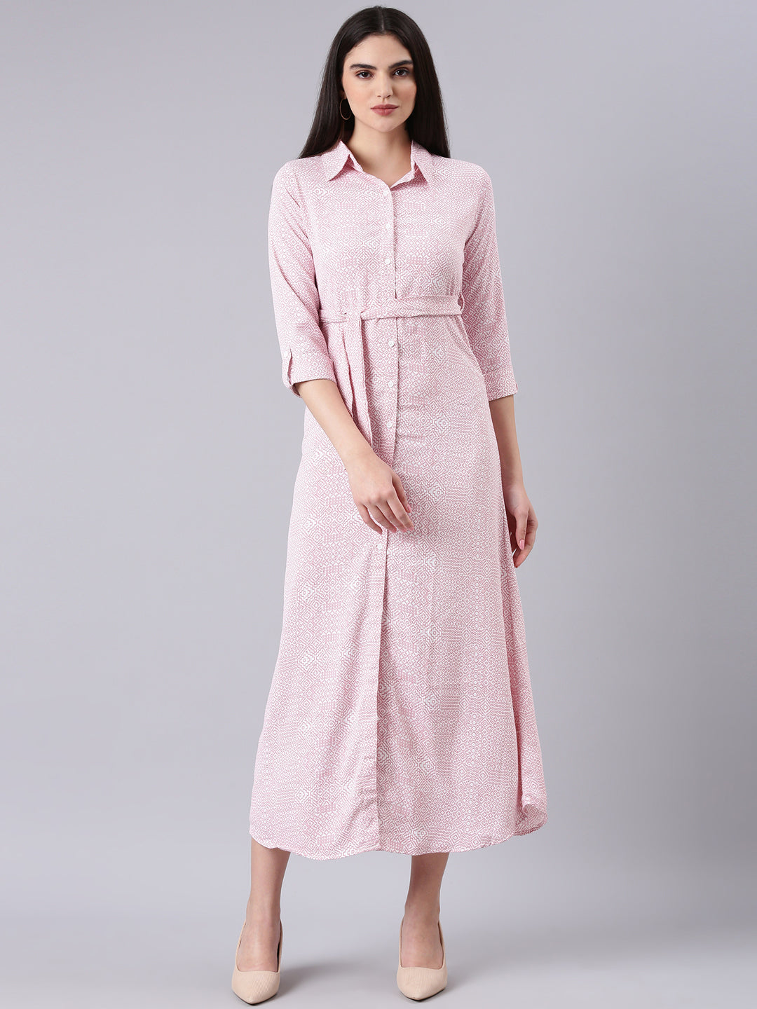 Women's White Geometric Printed Shirt Midi Dress