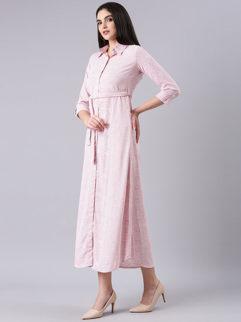 Women's White Geometric Printed Shirt Midi Dress