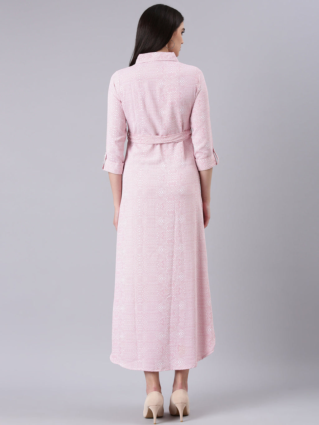 Women's White Geometric Printed Shirt Midi Dress