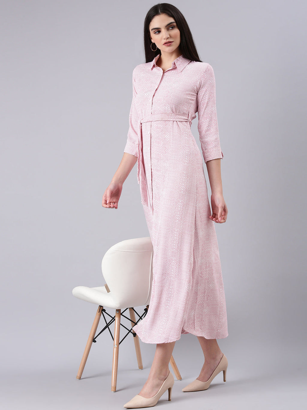 Women's White Geometric Printed Shirt Midi Dress