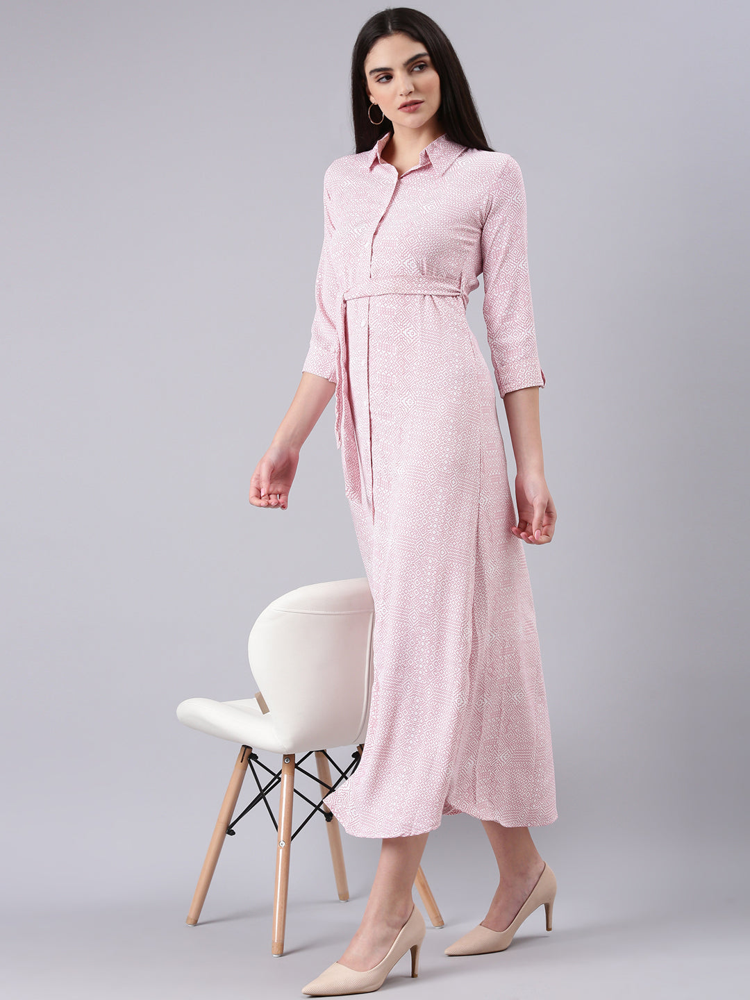 Women's White Geometric Printed Shirt Midi Dress