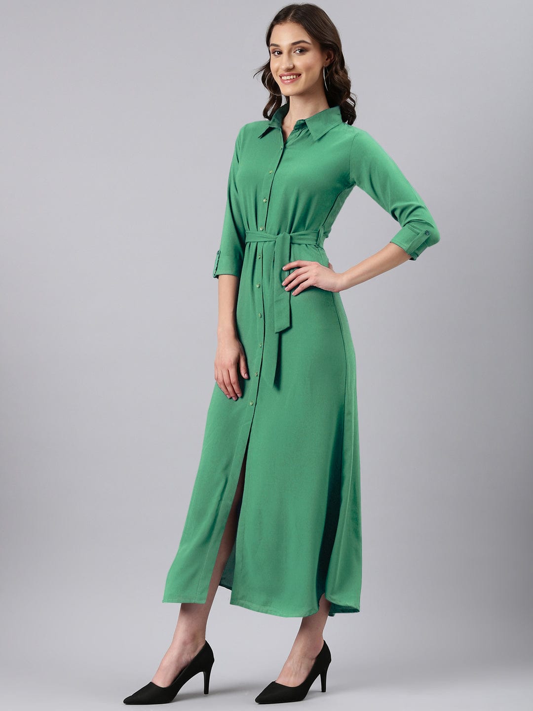 Women's Green Shirt Style Dress with Buttons & Waist Tie-Up
