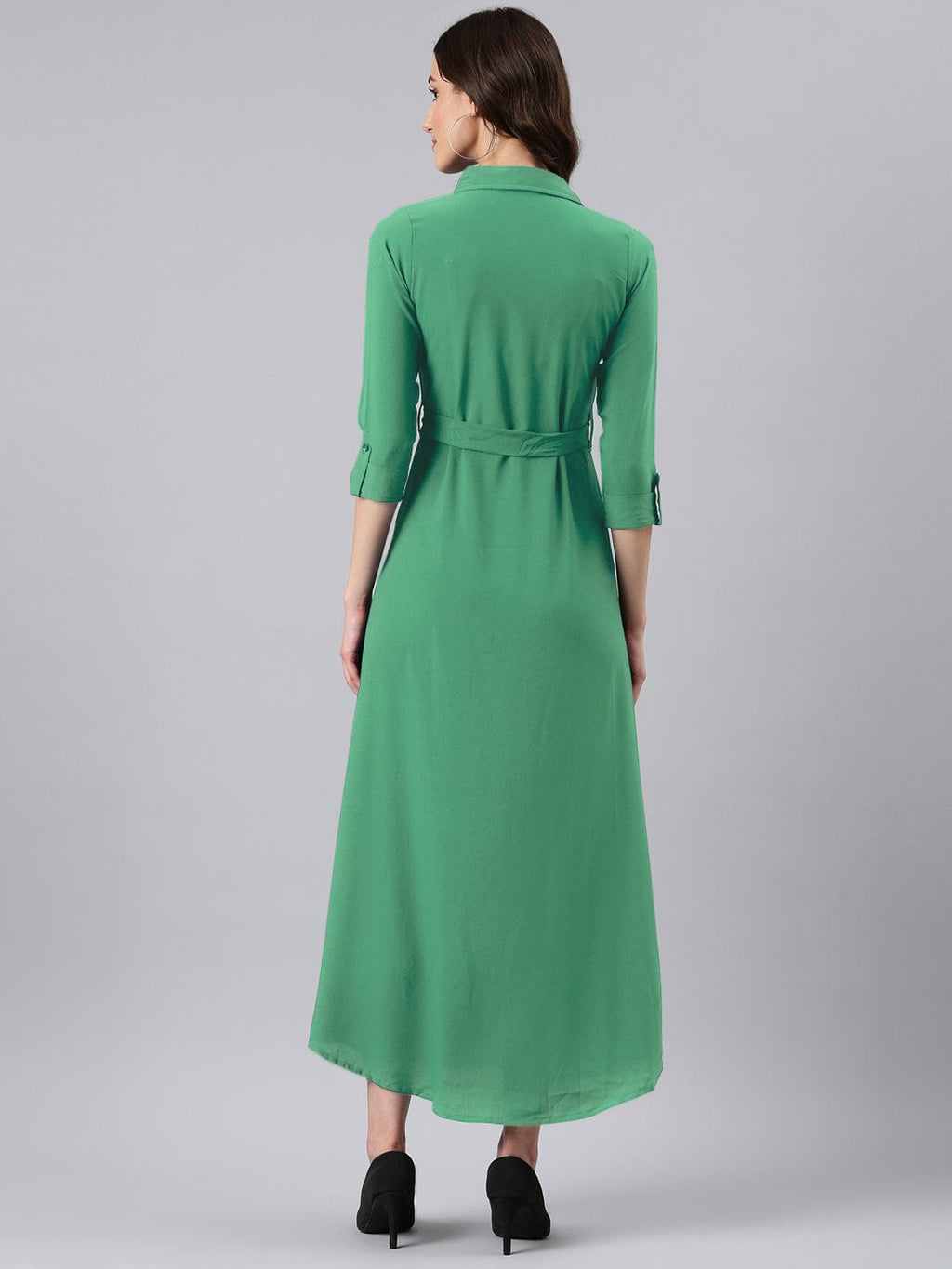 Women's Green Shirt Style Dress with Buttons & Waist Tie-Up