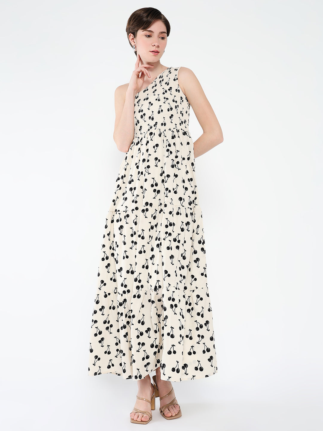 Women's Off White Print One Shoulder Crepe Fit & Flare Maxi Dress