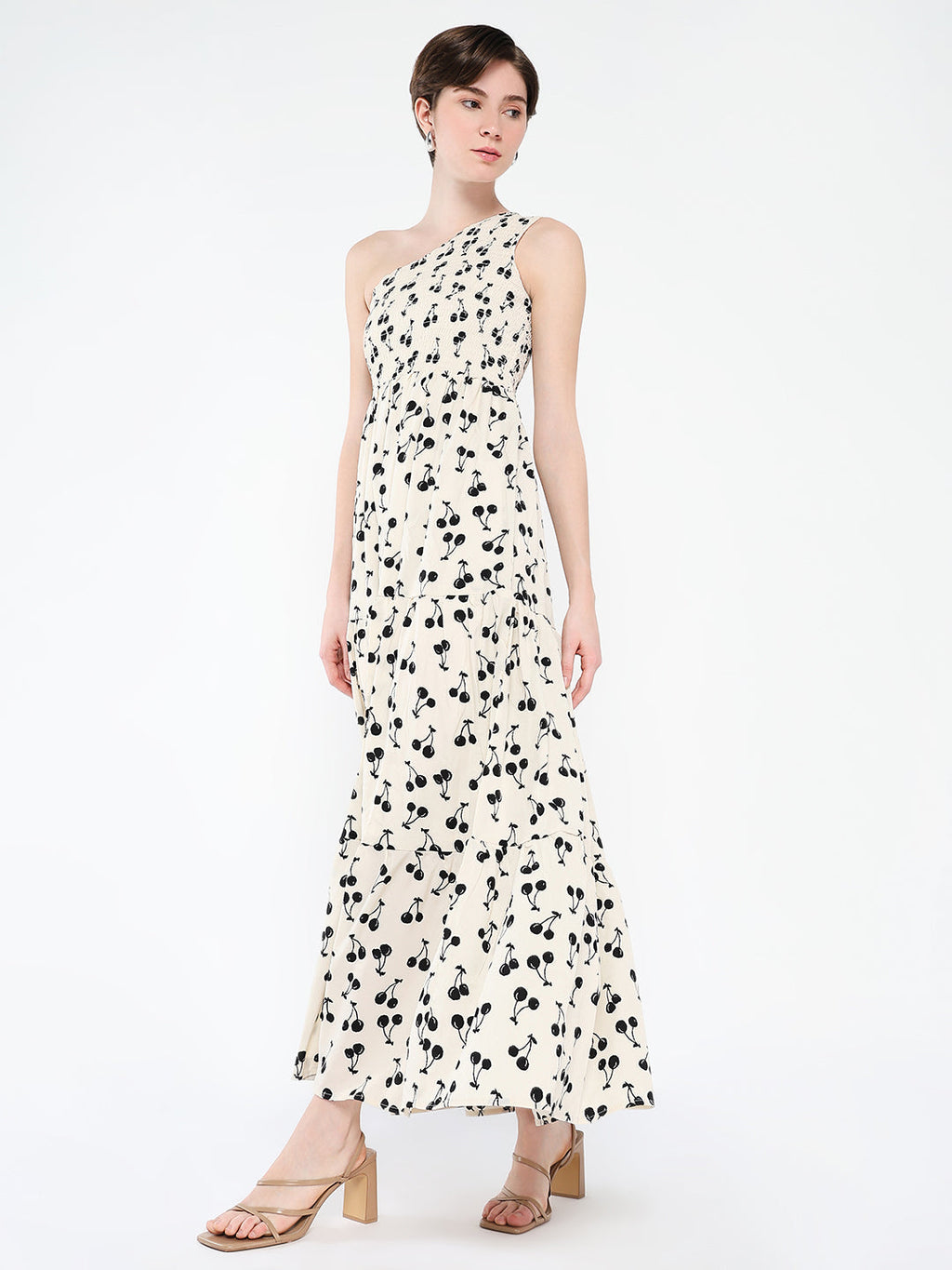 Women's Off White Print One Shoulder Crepe Fit & Flare Maxi Dress