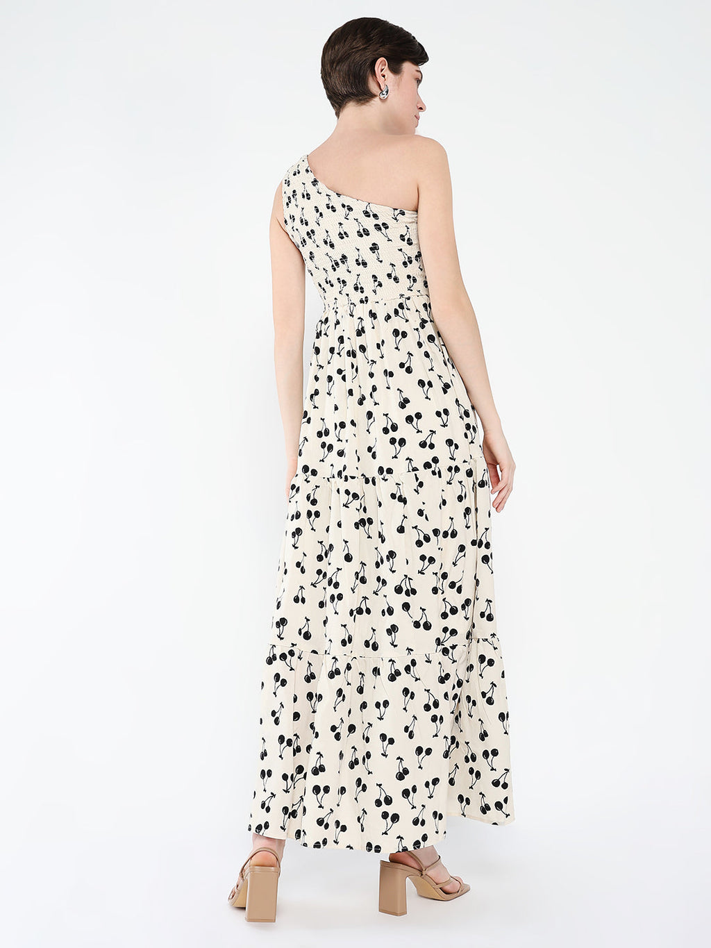 Women's Off White Print One Shoulder Crepe Fit & Flare Maxi Dress