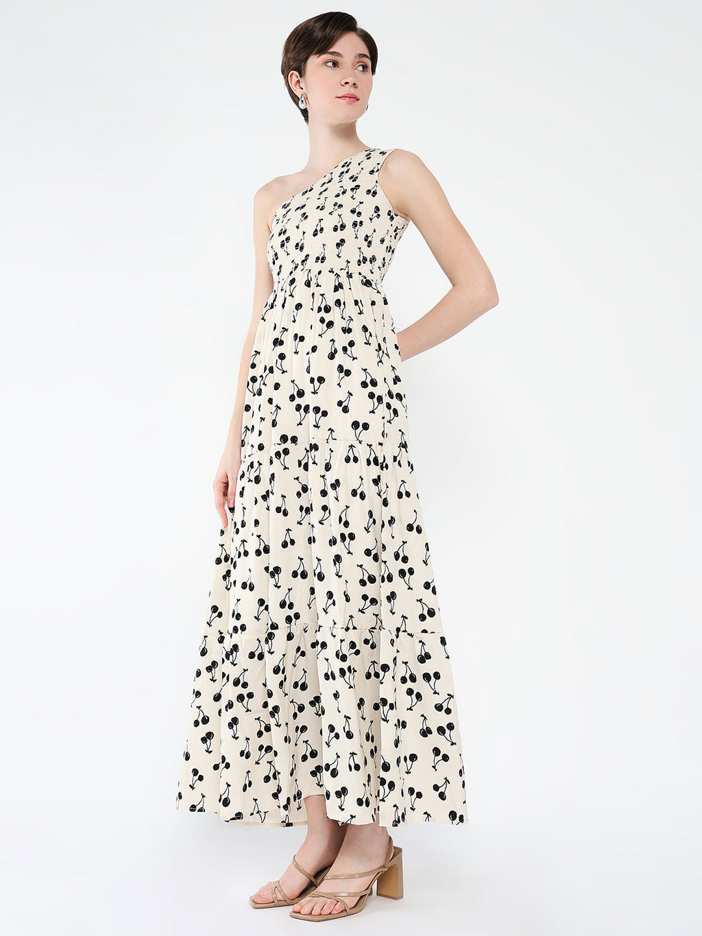 Women's Off White Print One Shoulder Crepe Fit & Flare Maxi Dress