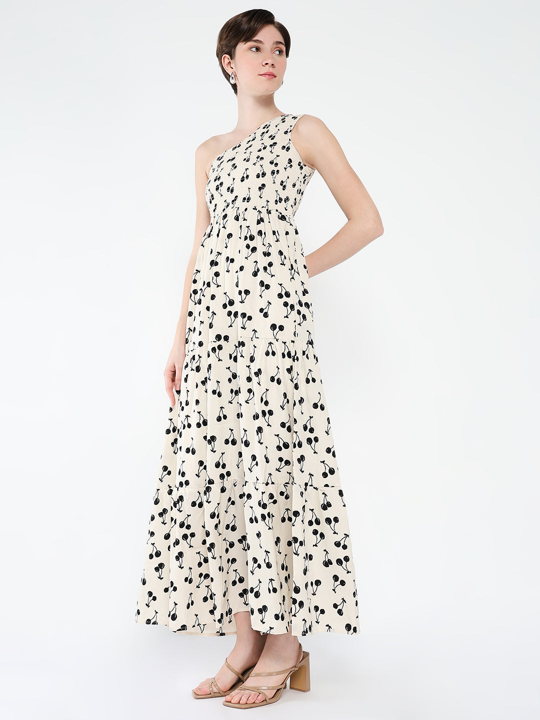 Women's Off White Print One Shoulder Crepe Fit & Flare Maxi Dress