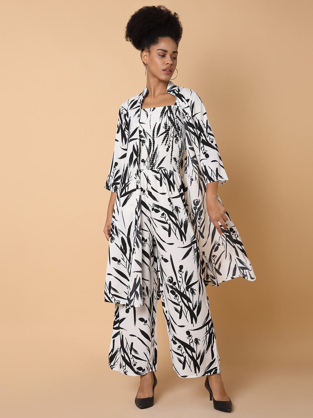 Women's Cream Printed Basic Jumpsuit with Shrug
