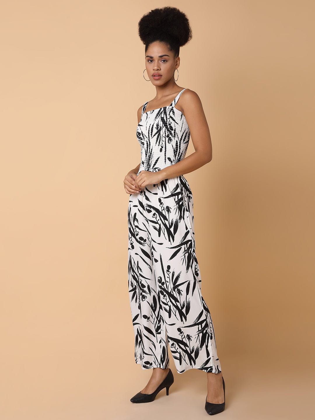 Women's Cream Printed Basic Jumpsuit with Shrug