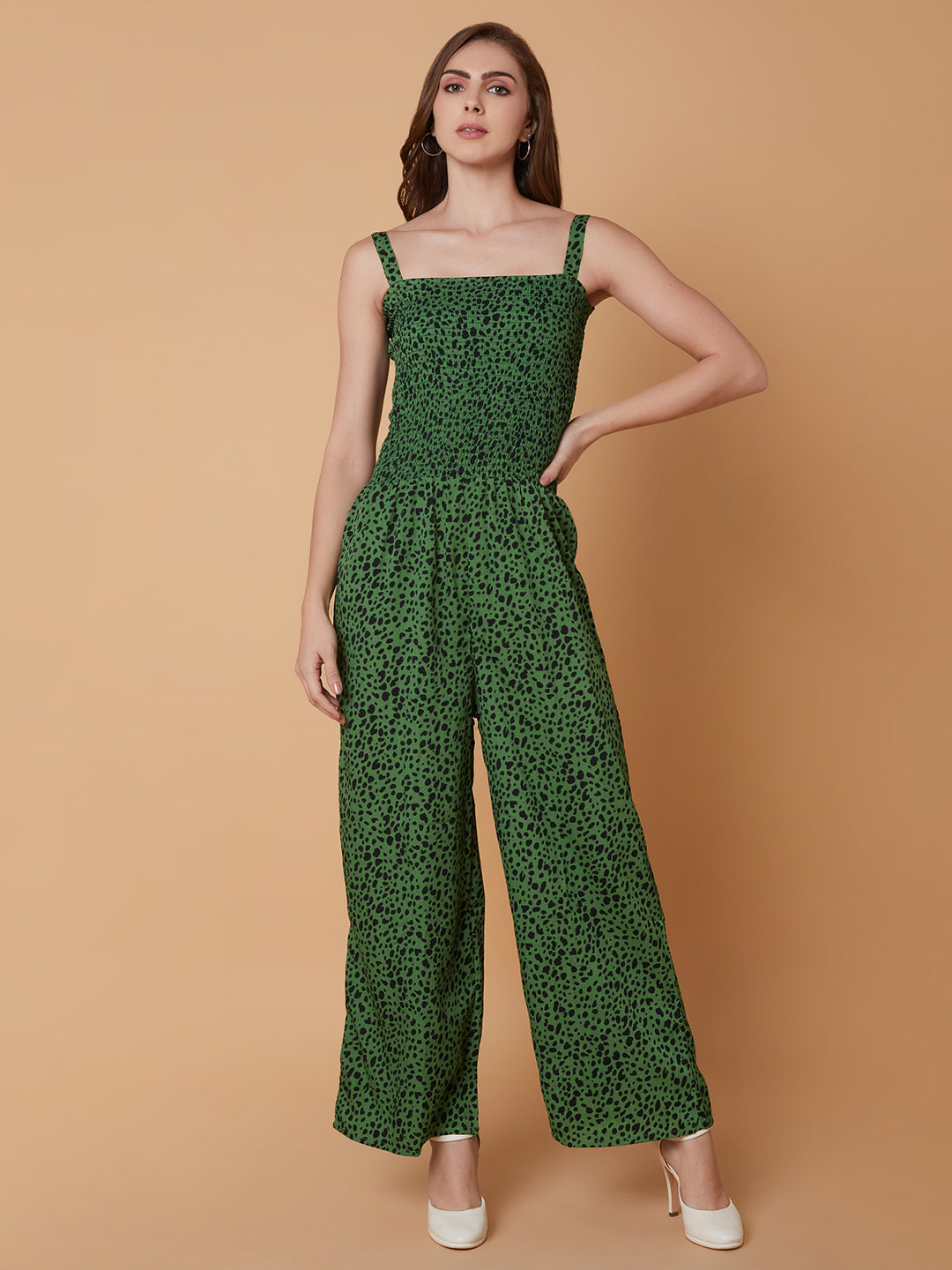 Women's Green Printed Basic Jumpsuit with Shrug