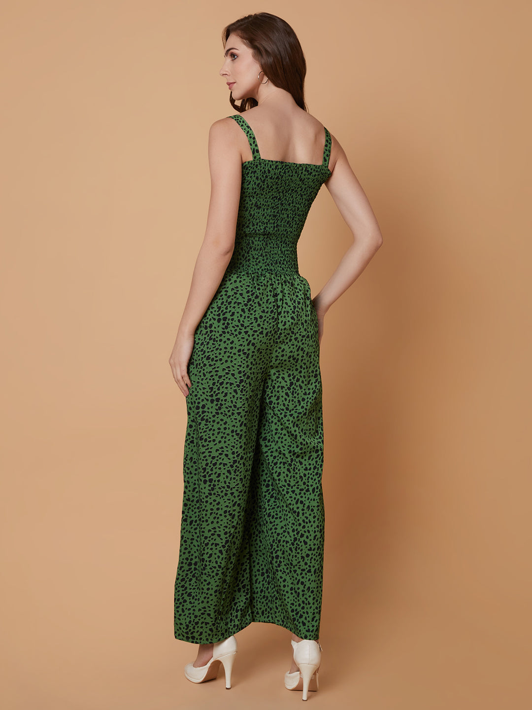 Women's Green Printed Basic Jumpsuit with Shrug