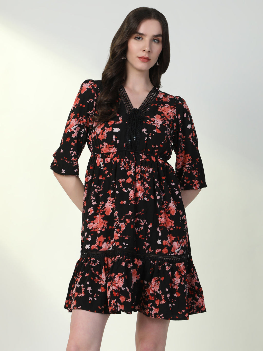 Women's Floral Black A-Line Dress