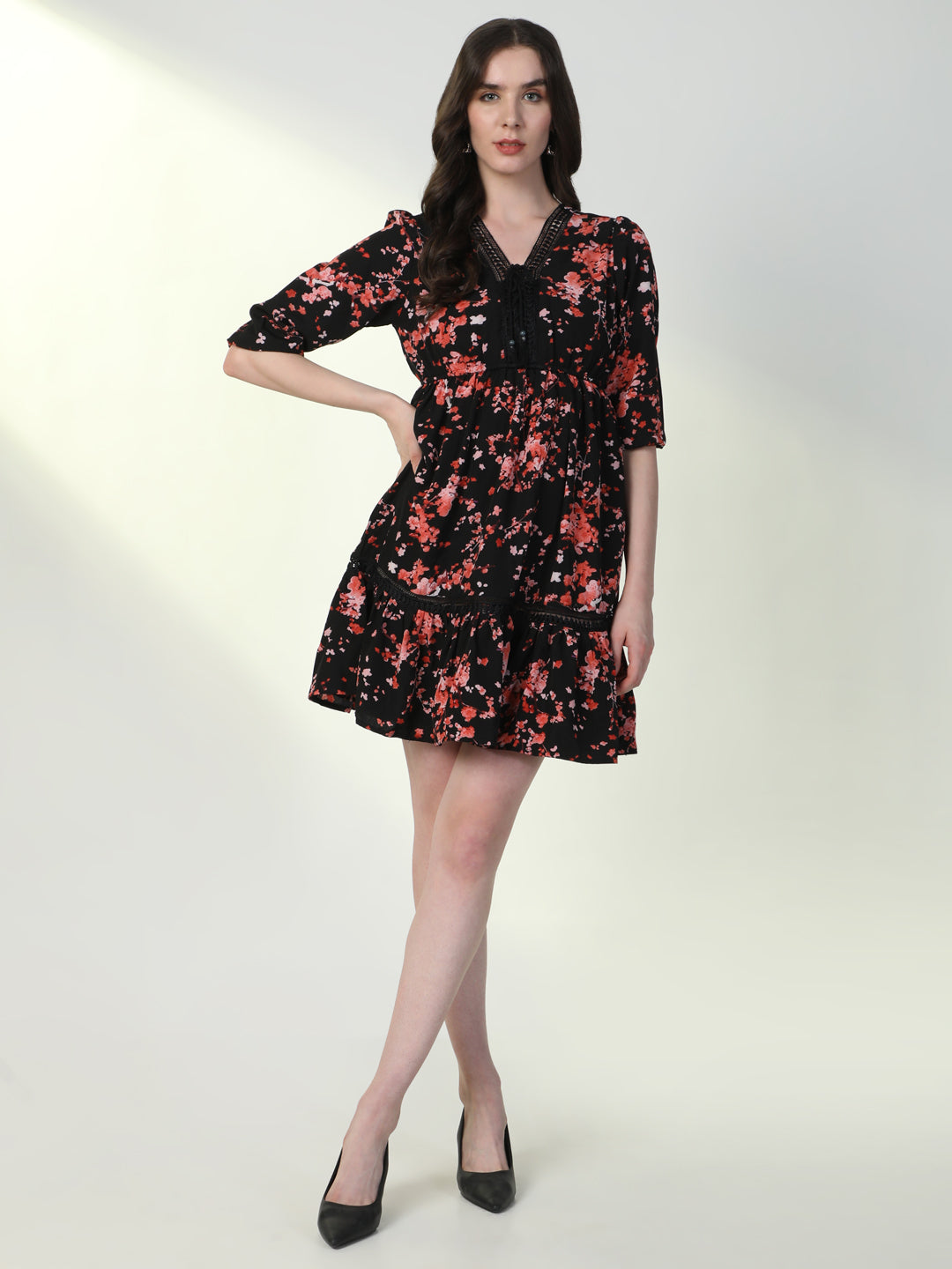 Women's Floral Black A-Line Dress