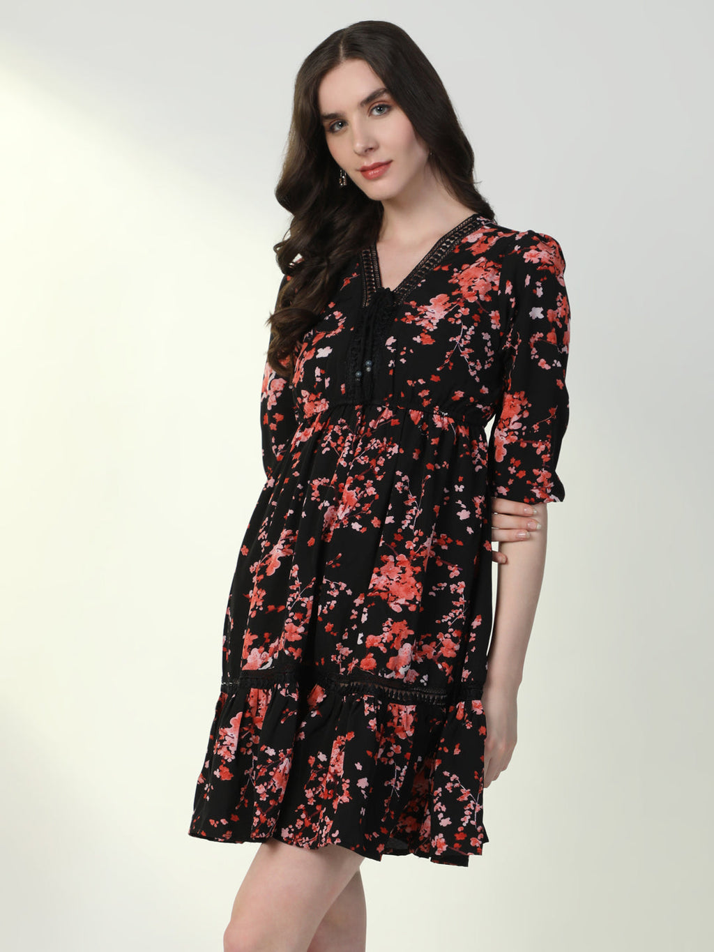Women's Floral Black A-Line Dress