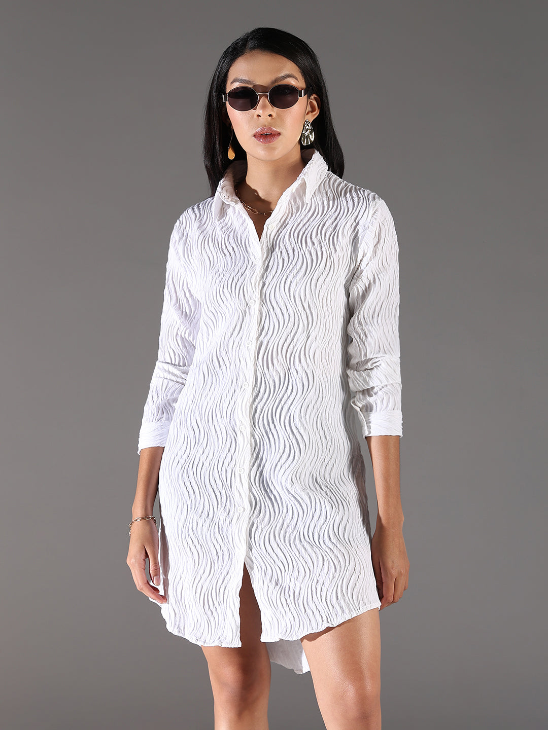 Women's White Shirt Collar Cuffed Sleeves Shirt Dress