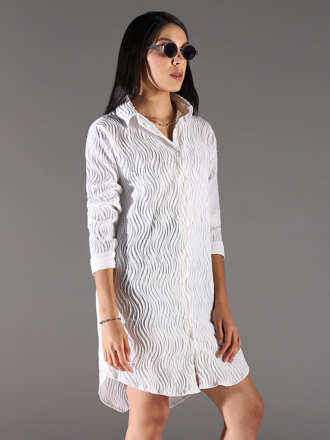Women's White Shirt Collar Cuffed Sleeves Shirt Dress