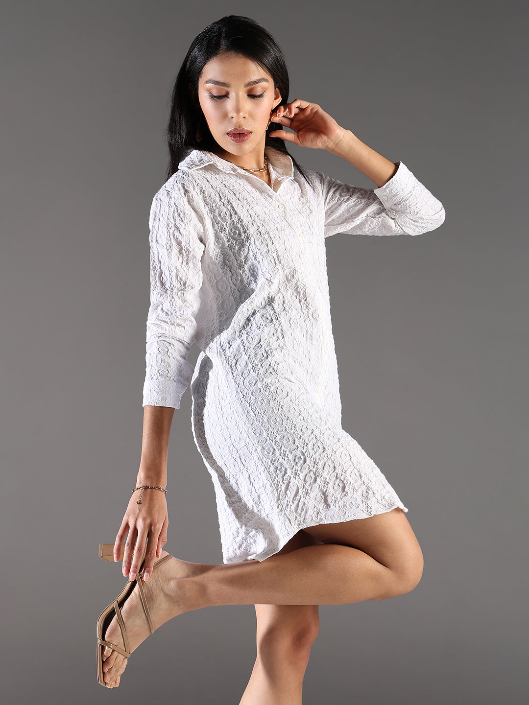 Women's White Self Design Cotton Shirt Dress