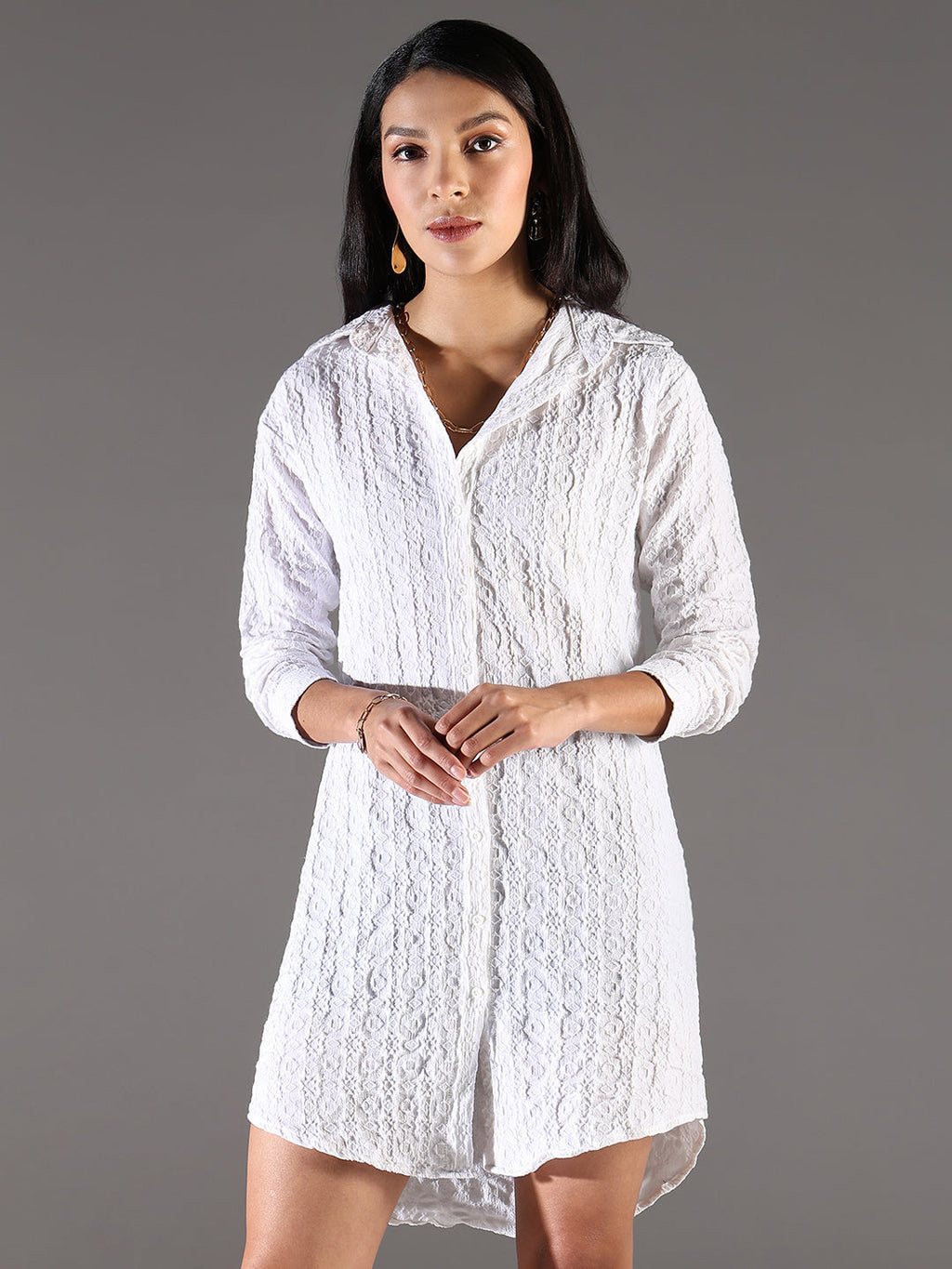 Women's White Self Design Cotton Shirt Dress