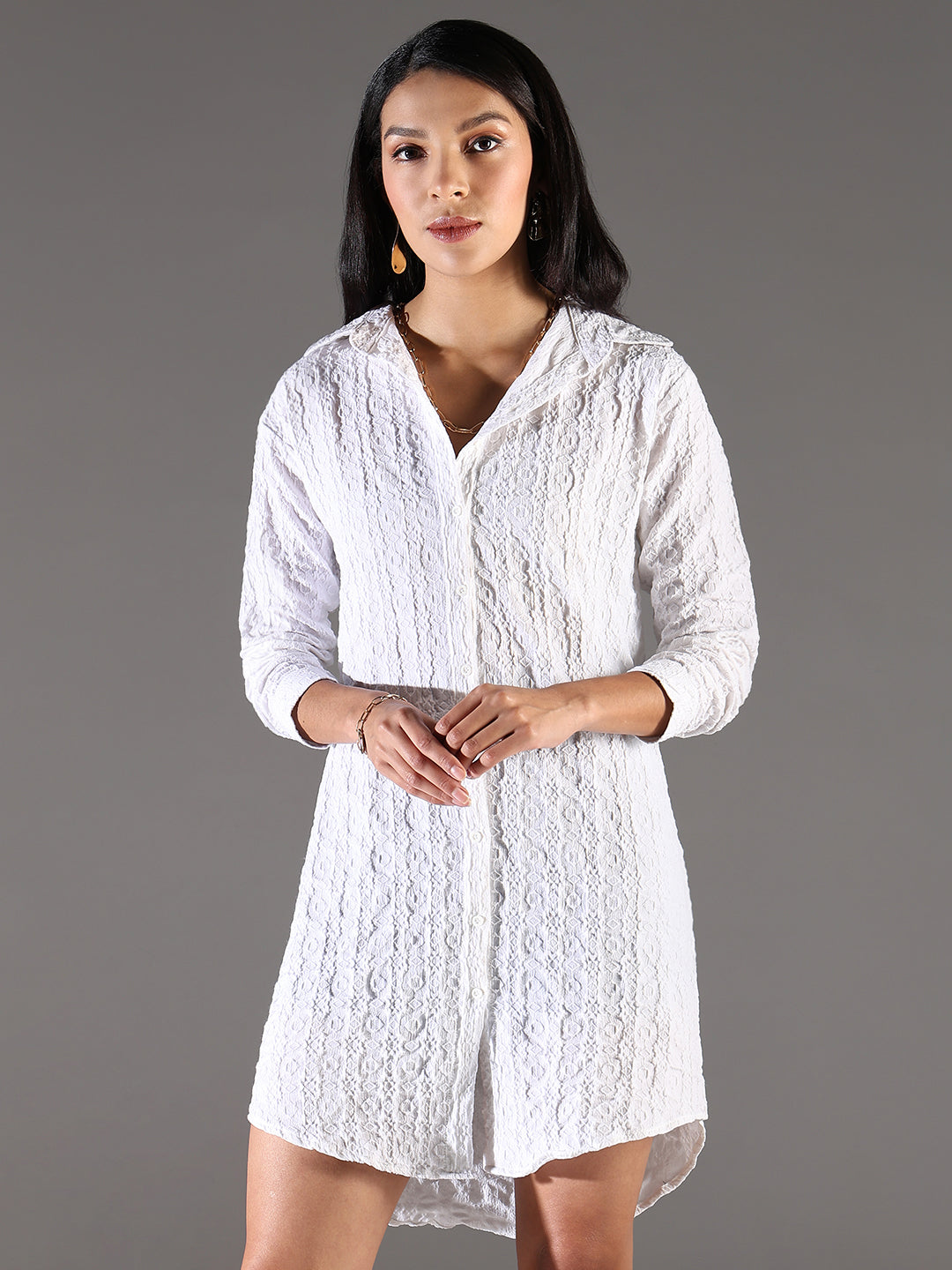 Women's White Self Design Cotton Shirt Dress