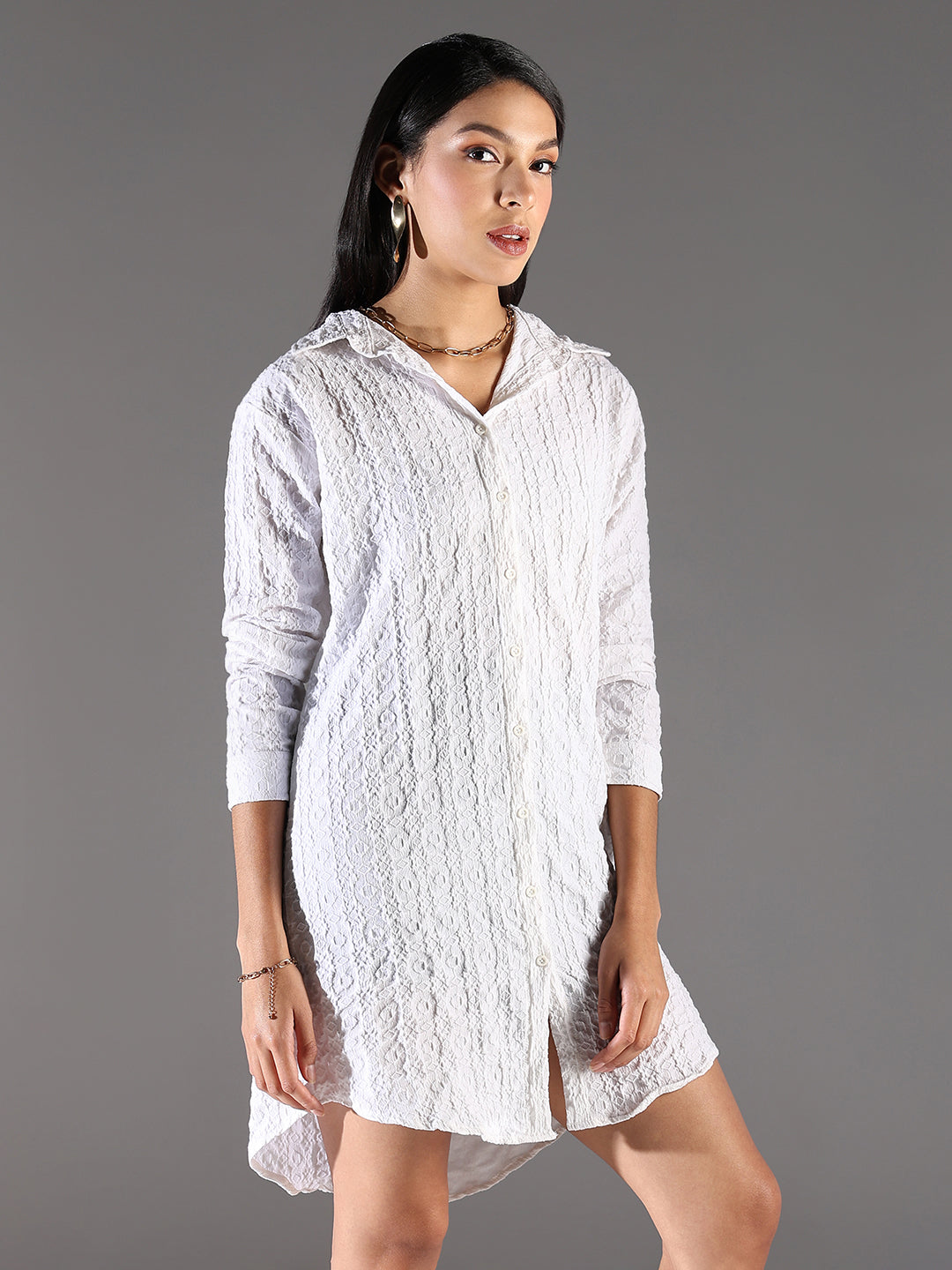 Women's White Self Design Cotton Shirt Dress