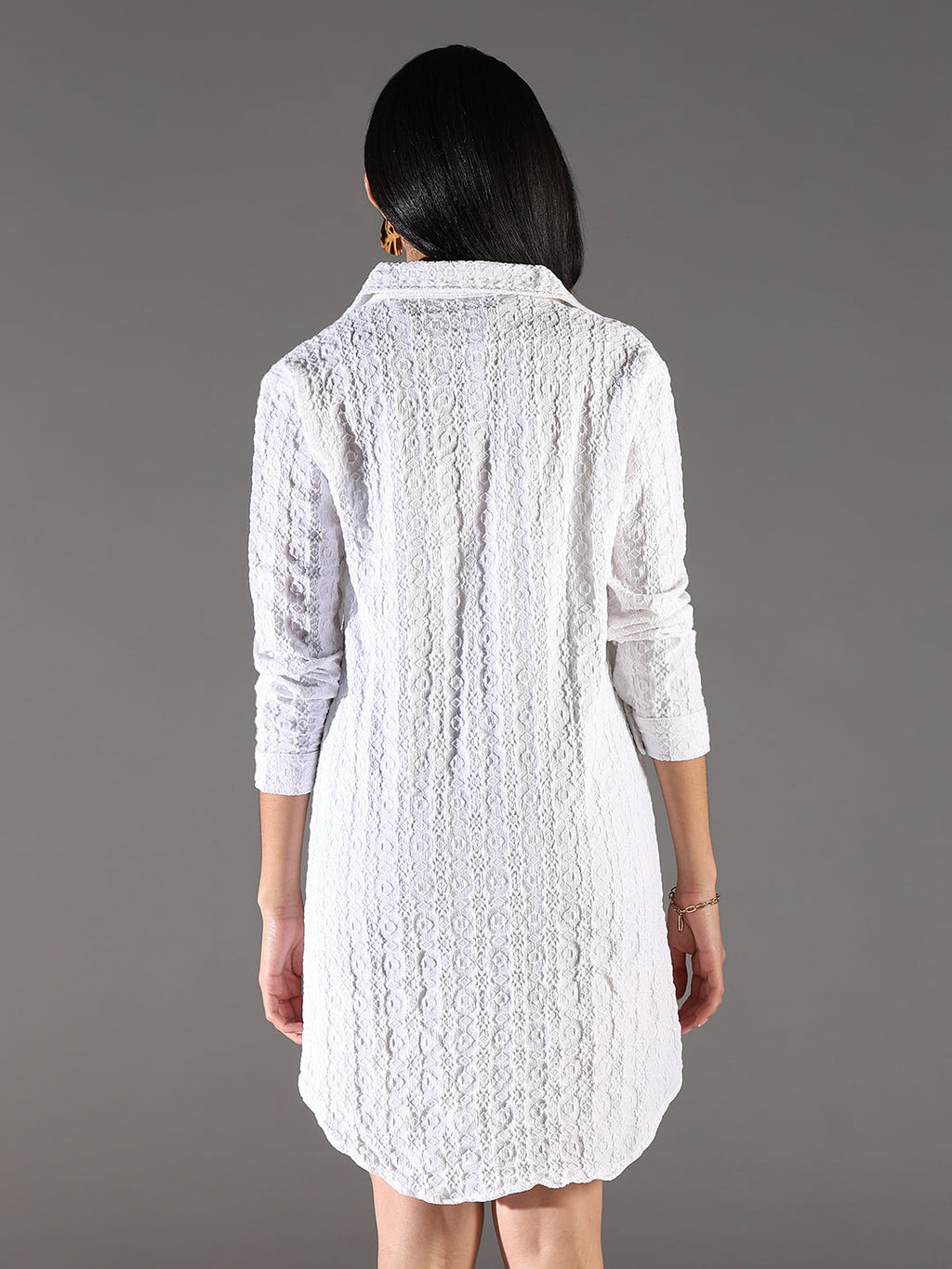 Women's White Self Design Cotton Shirt Dress