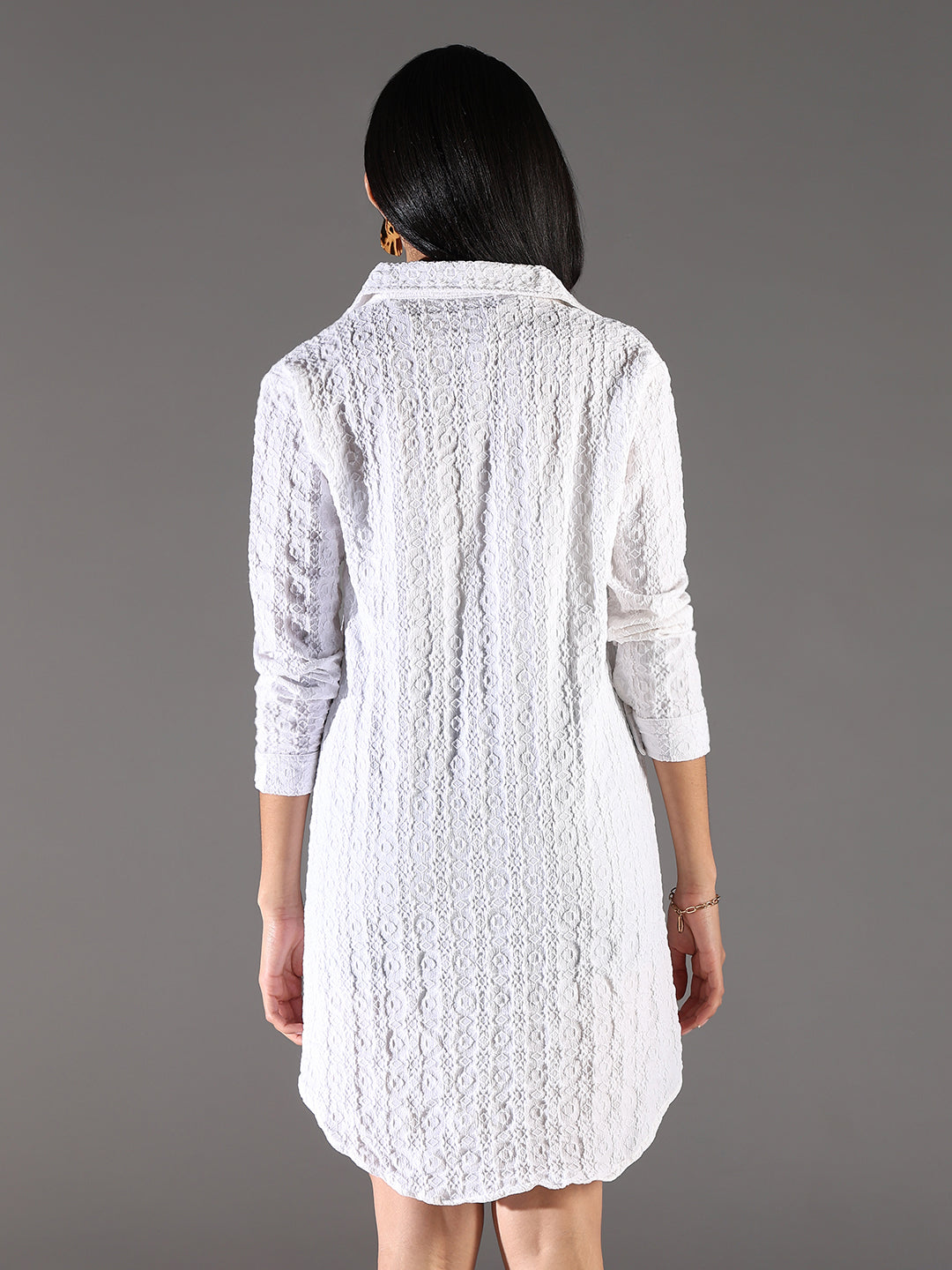 Women's White Self Design Cotton Shirt Dress