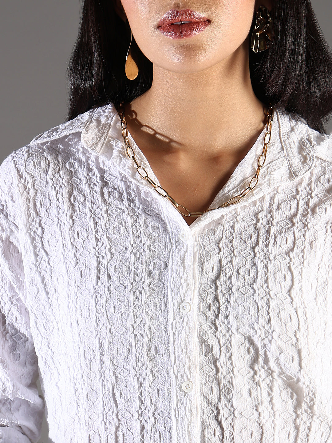 Women's White Self Design Cotton Shirt Dress