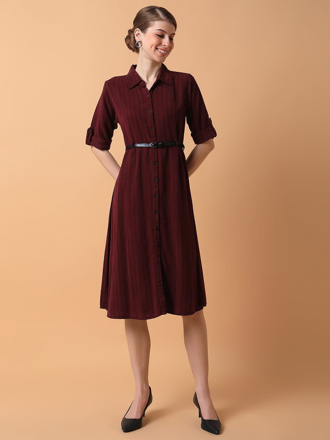 Women's Striped Maroon Midi A-Line Dress with Belt