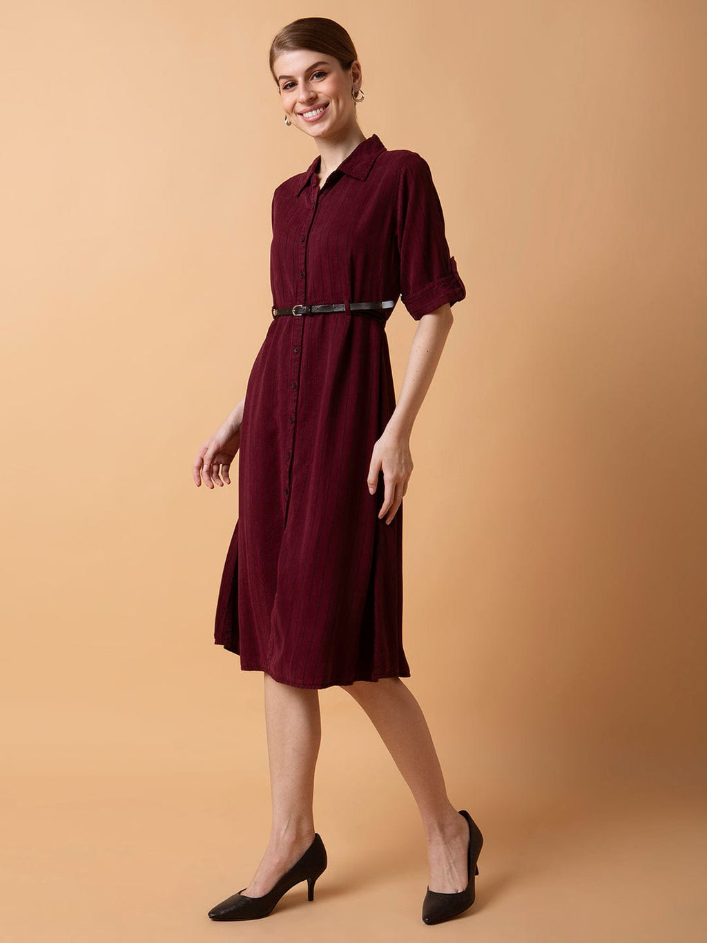 Women's Striped Maroon Midi A-Line Dress with Belt