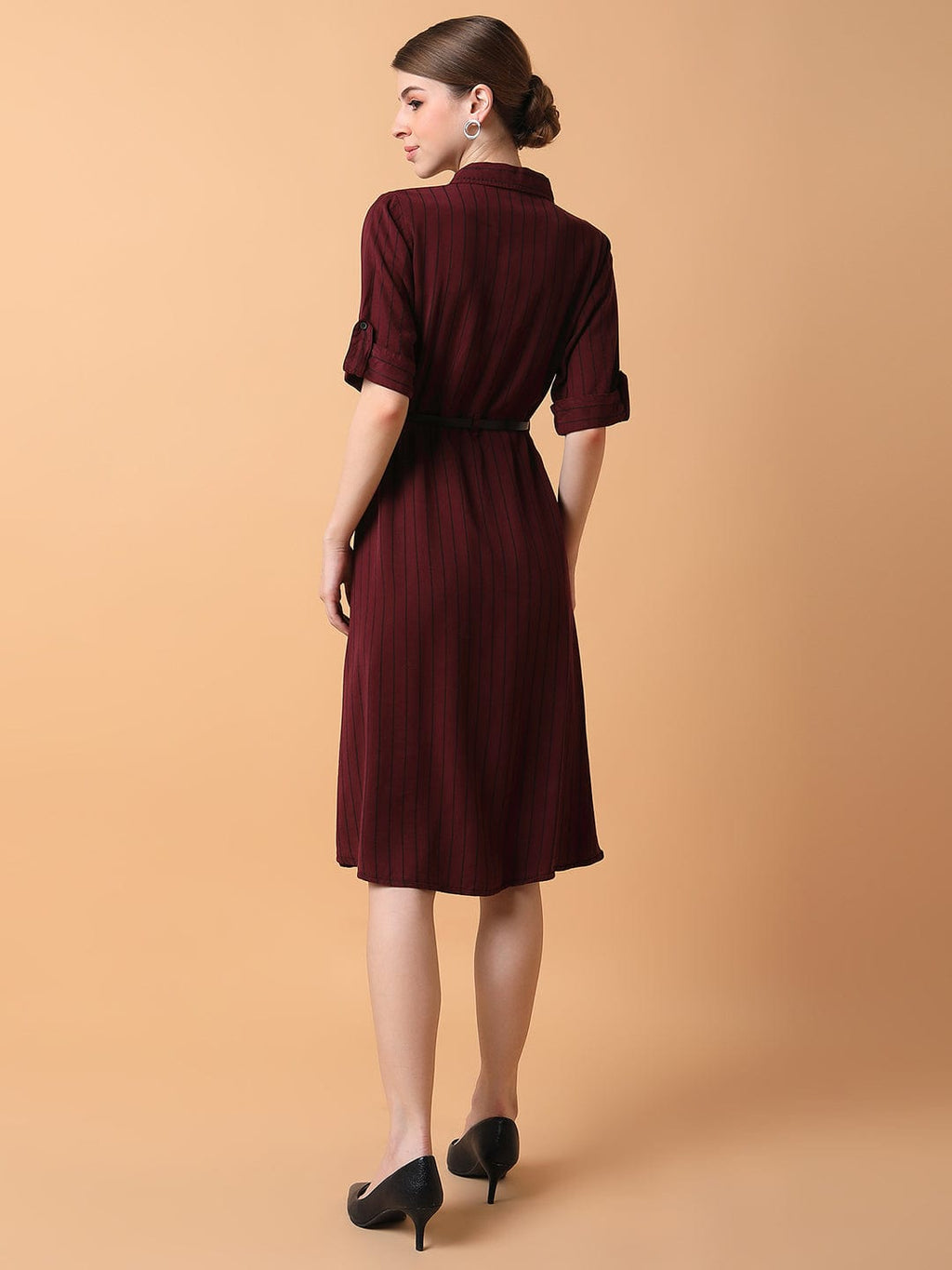 Women's Striped Maroon Midi A-Line Dress with Belt