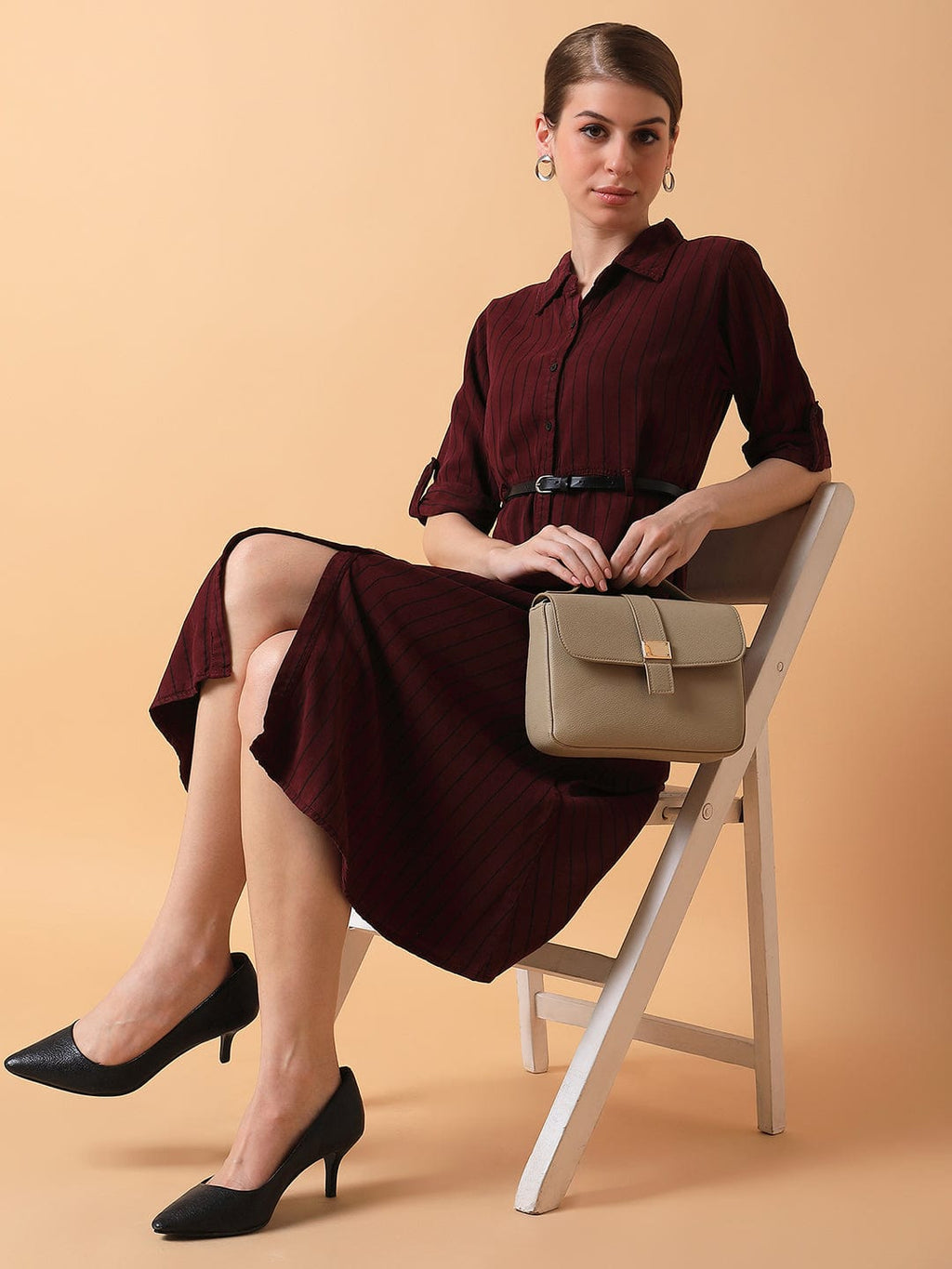 Women's Striped Maroon Midi A-Line Dress with Belt