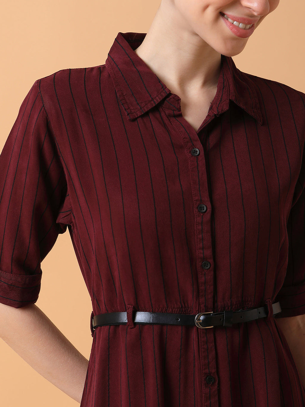 Women's Striped Maroon Midi A-Line Dress with Belt