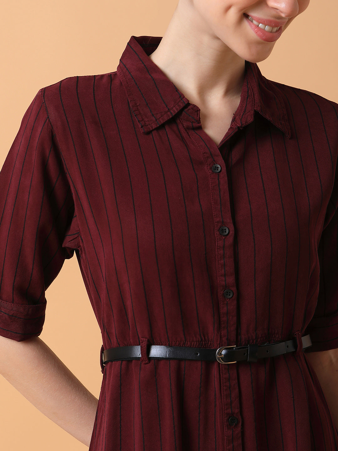 Women's Striped Maroon Midi A-Line Dress with Belt