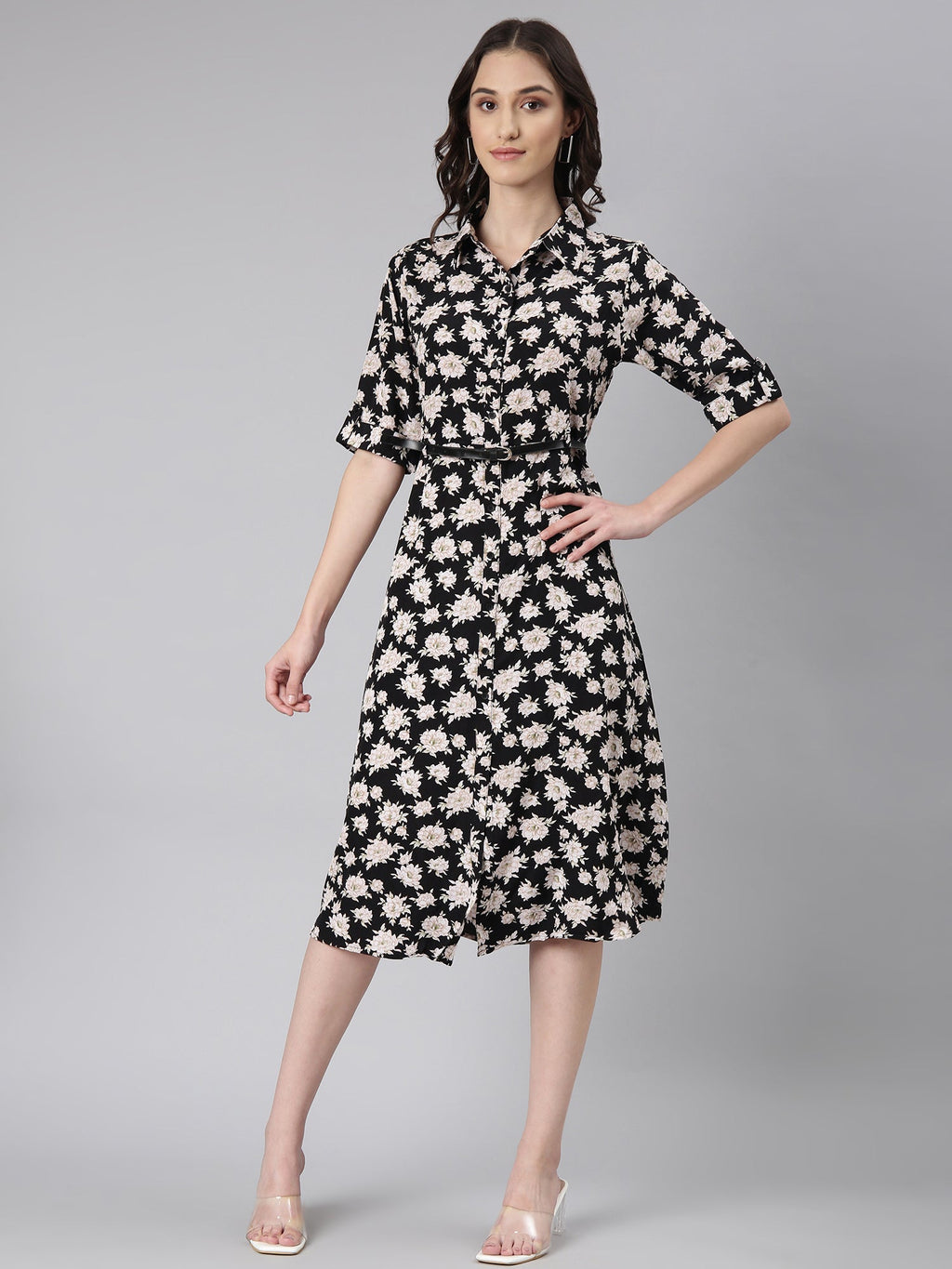 Women's Black Floral Printed Shirt Midi Dress
