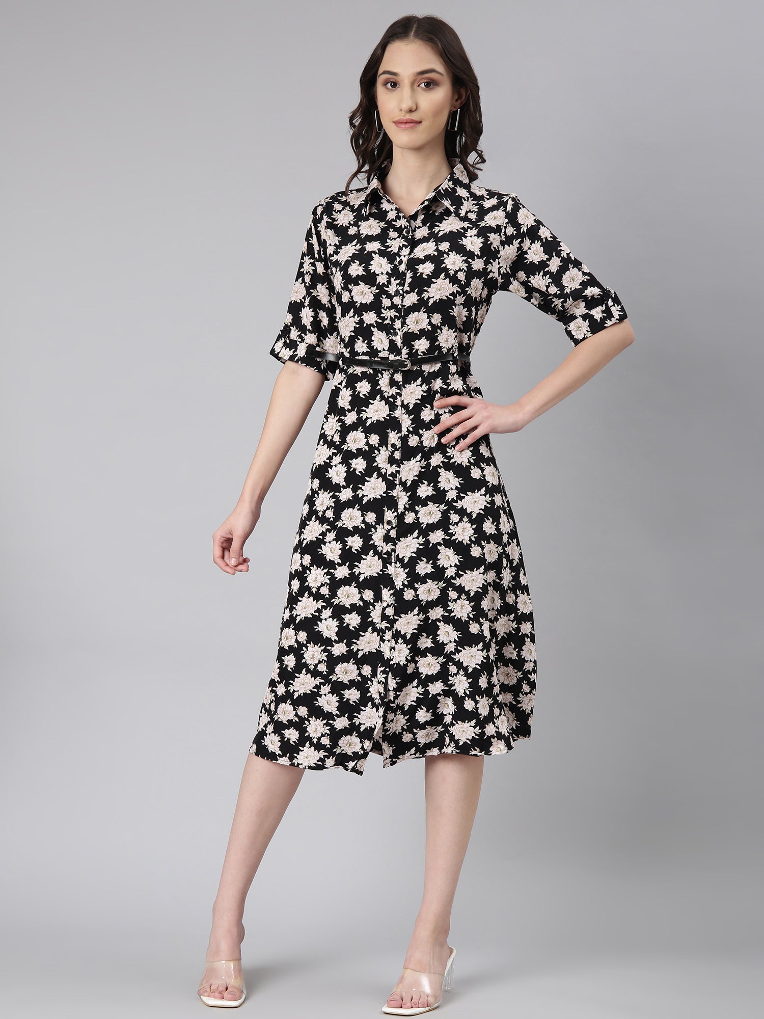 Women's Black Floral Printed Shirt Midi Dress