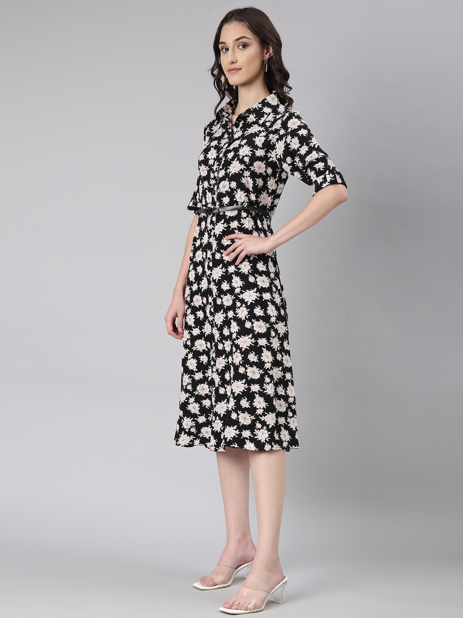 Women's Black Floral Printed Shirt Midi Dress