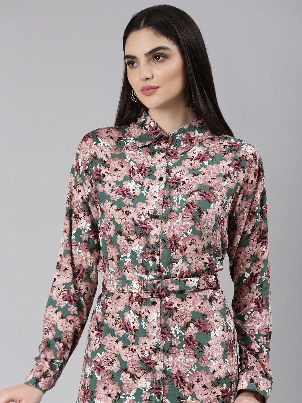 Women's Green Floral Printed Shirt Dress