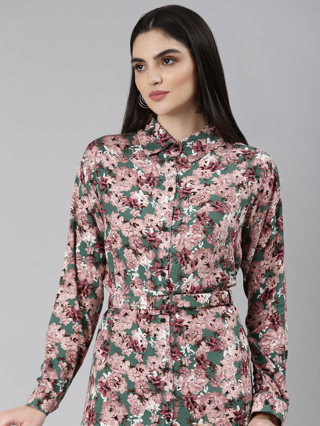 Women's Green Floral Printed Shirt Dress