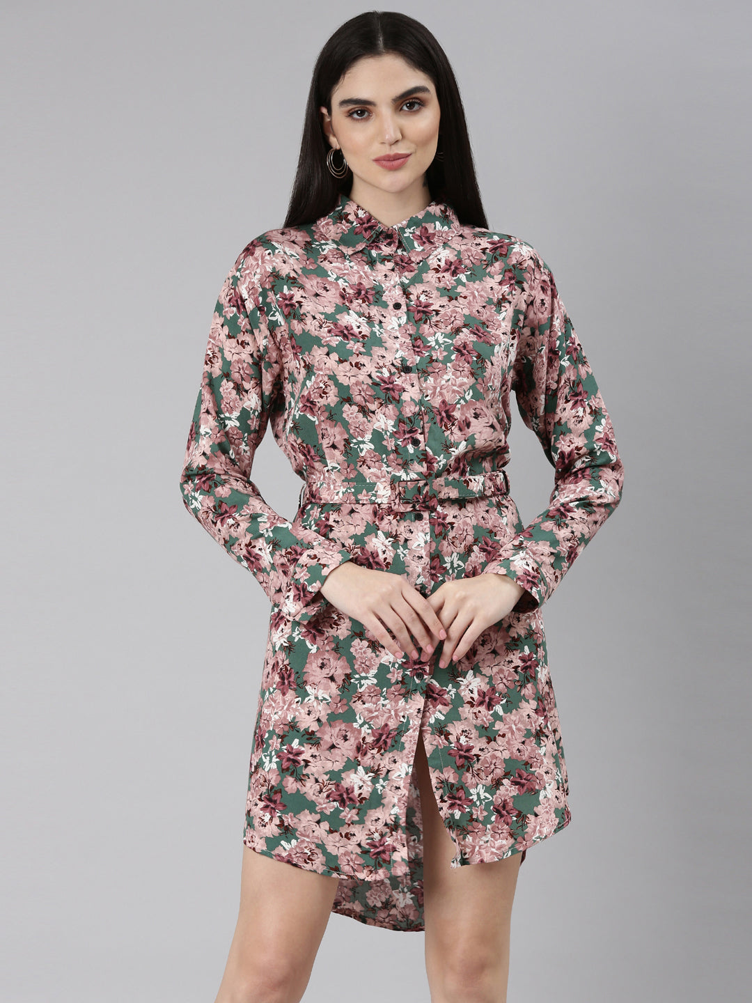 Women's Green Floral Printed Shirt Dress