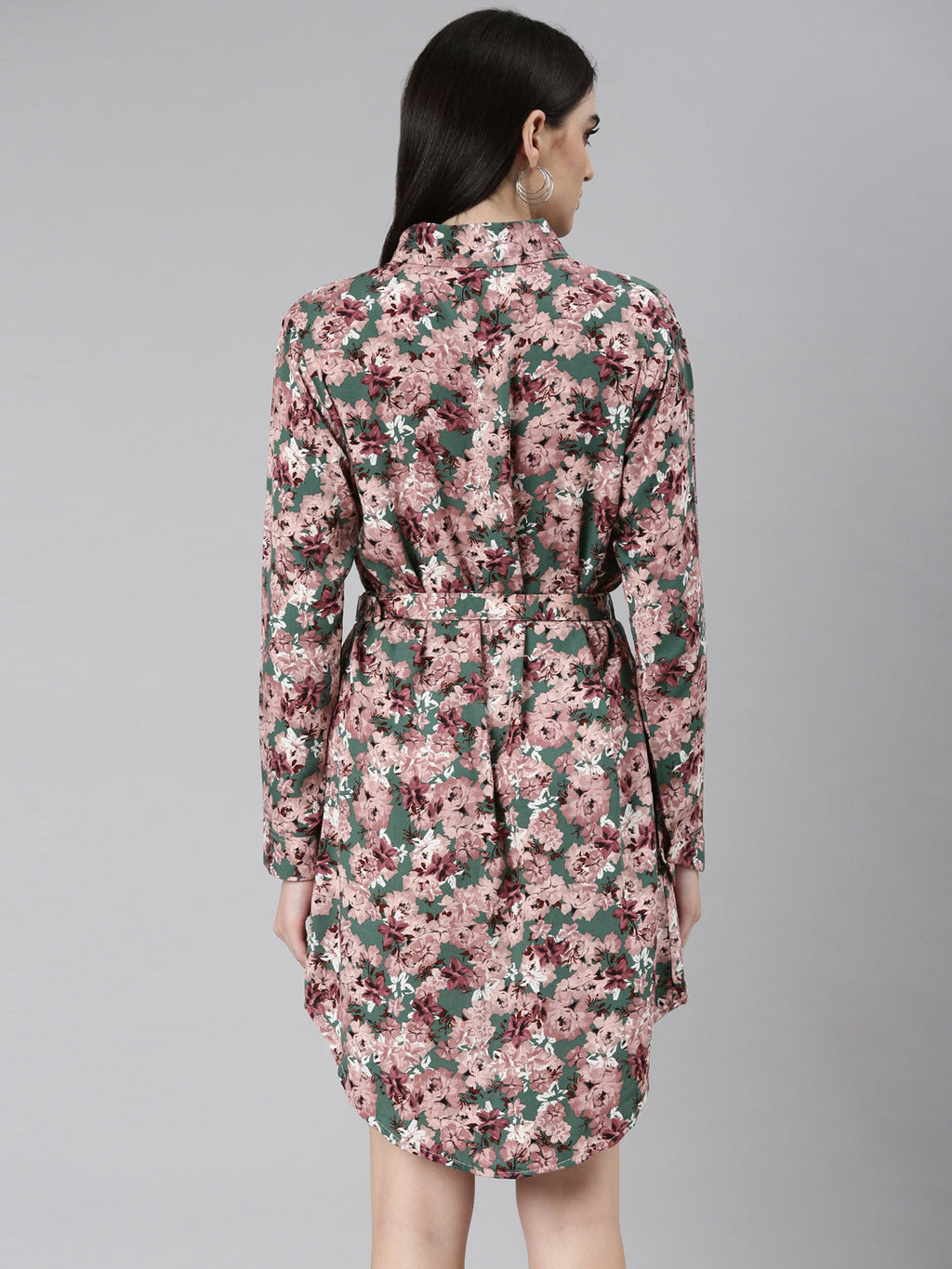 Women's Green Floral Printed Shirt Dress