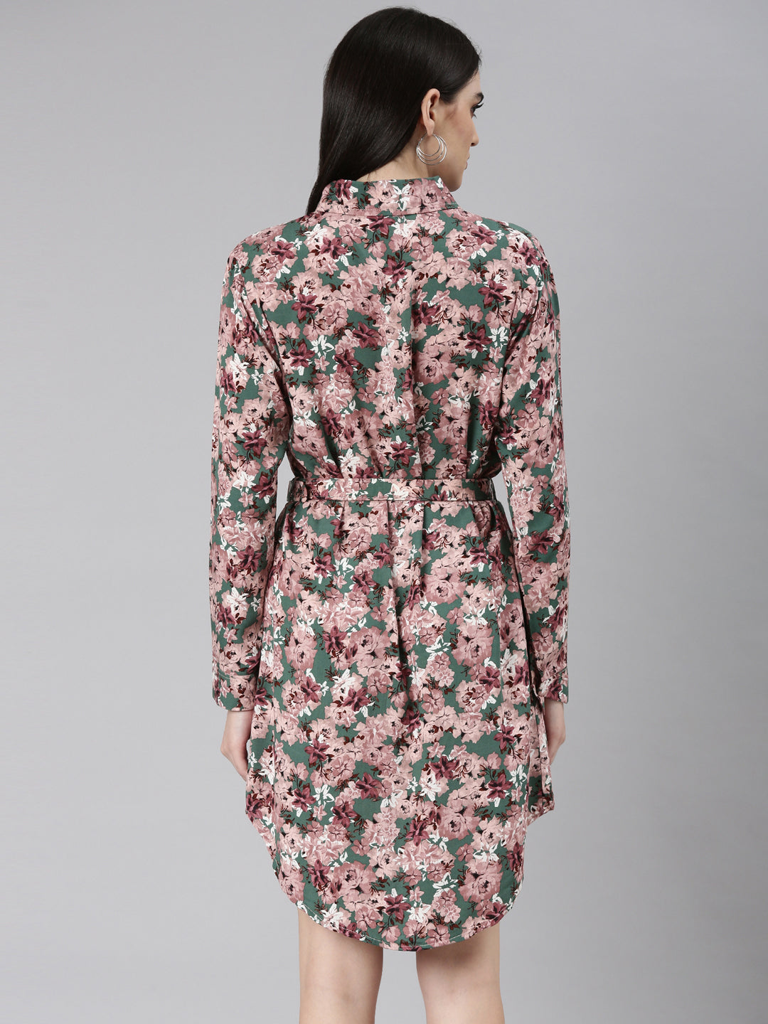 Women's Green Floral Printed Shirt Dress