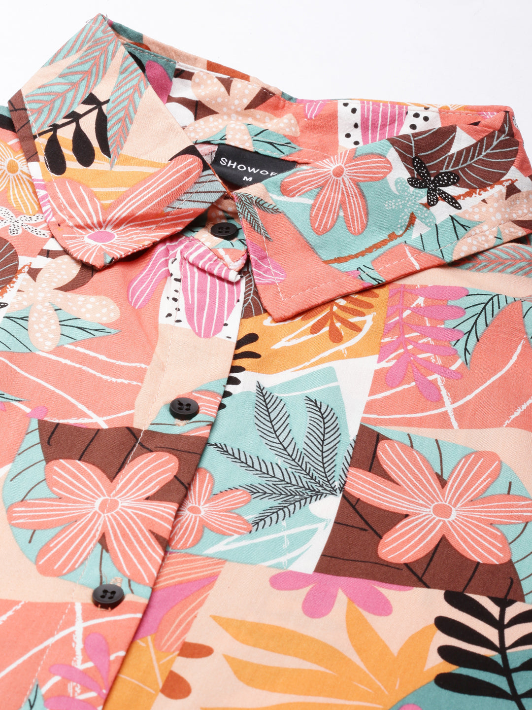 Women's Peach Floral Printed Belted Crepe Shirt Style Dress