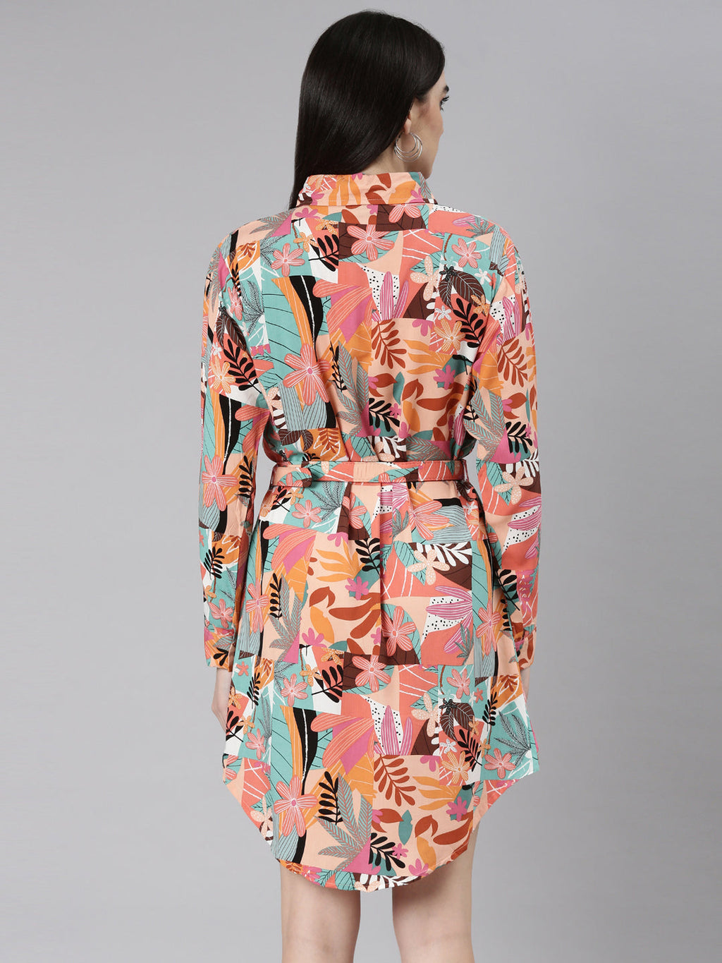 Women's Peach Floral Printed Belted Crepe Shirt Style Dress