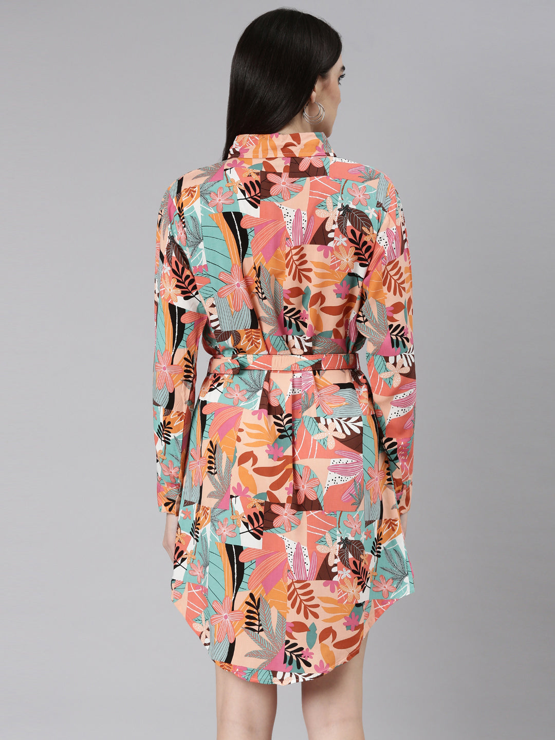 Women's Peach Floral Printed Belted Crepe Shirt Style Dress