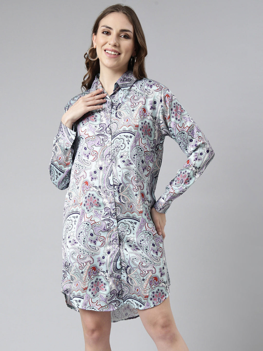 Women's Blue Abstract Print Satin Shirt Dress