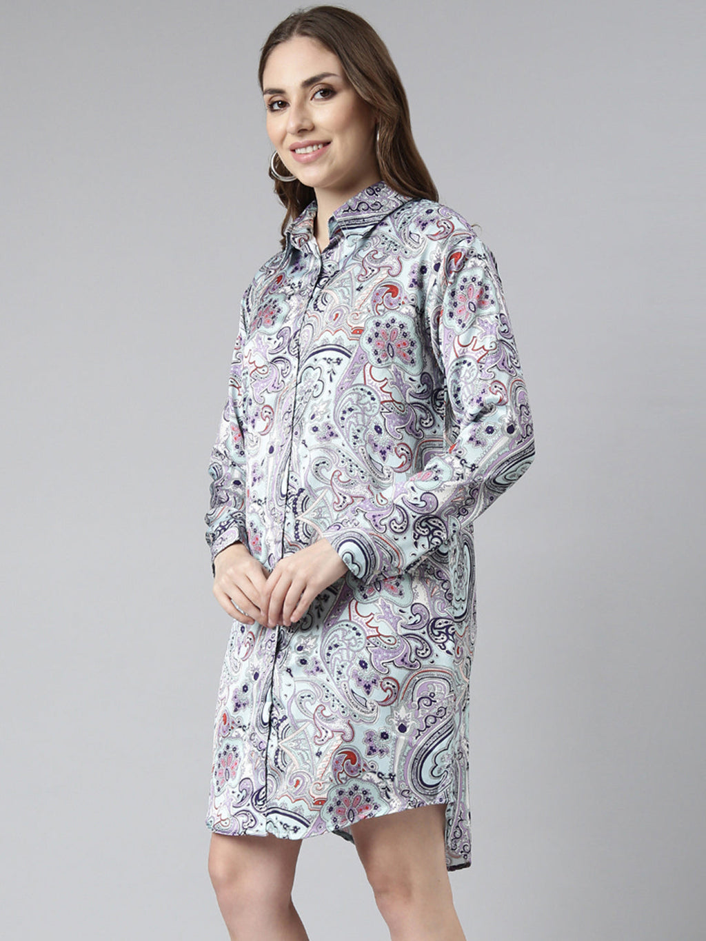 Women's Blue Abstract Print Satin Shirt Dress
