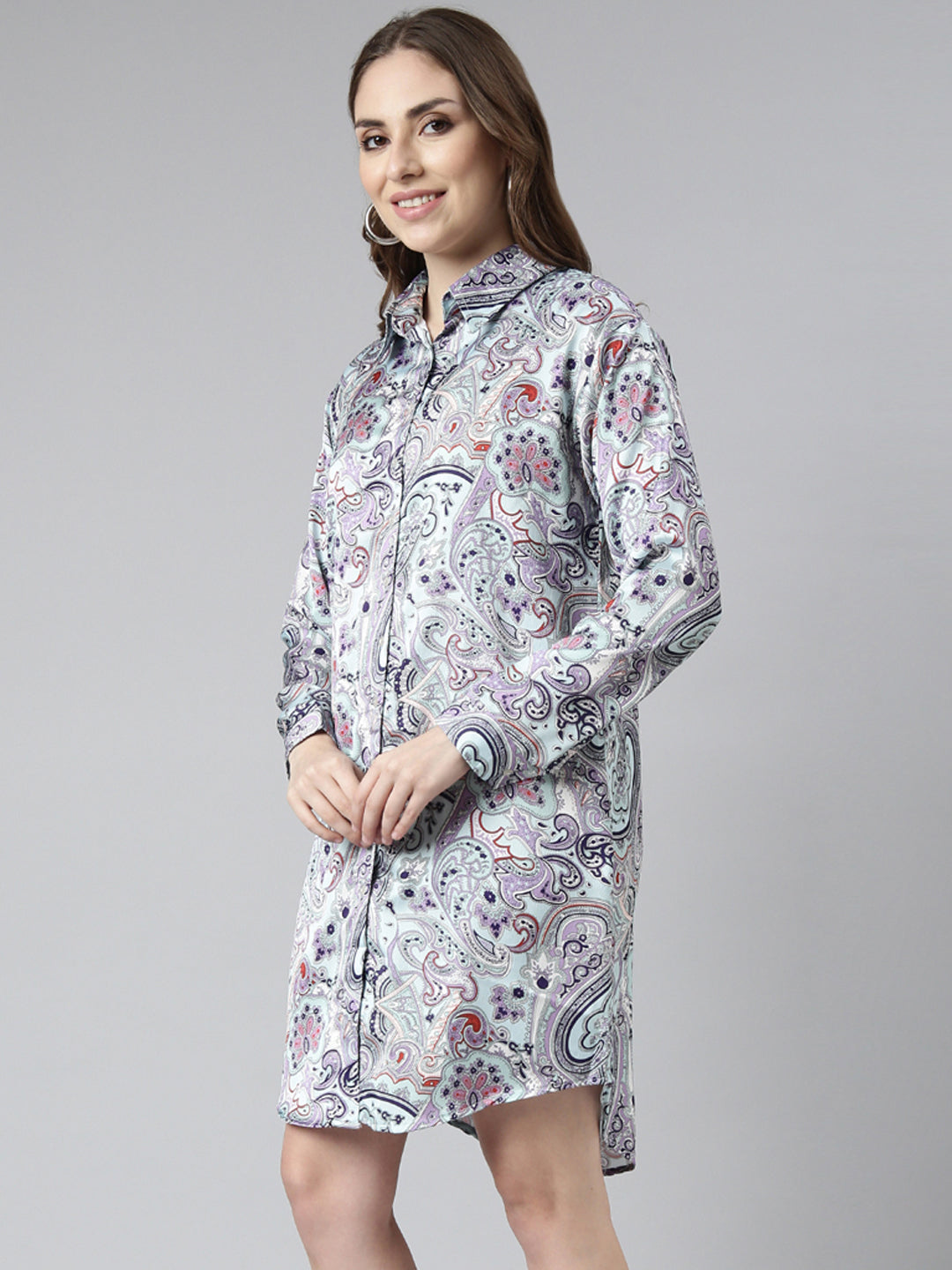 Women's Blue Abstract Print Satin Shirt Dress