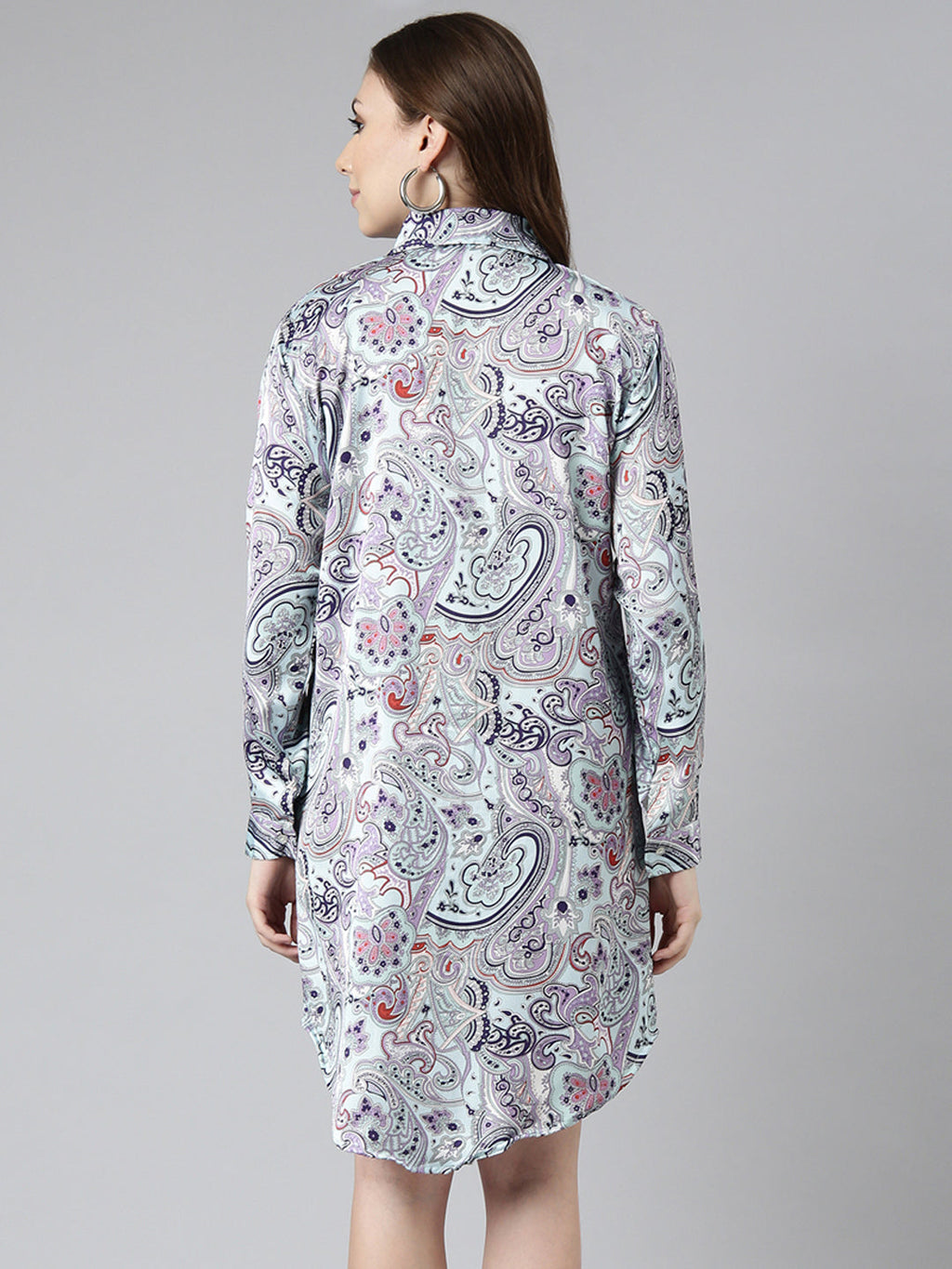 Women's Blue Abstract Print Satin Shirt Dress