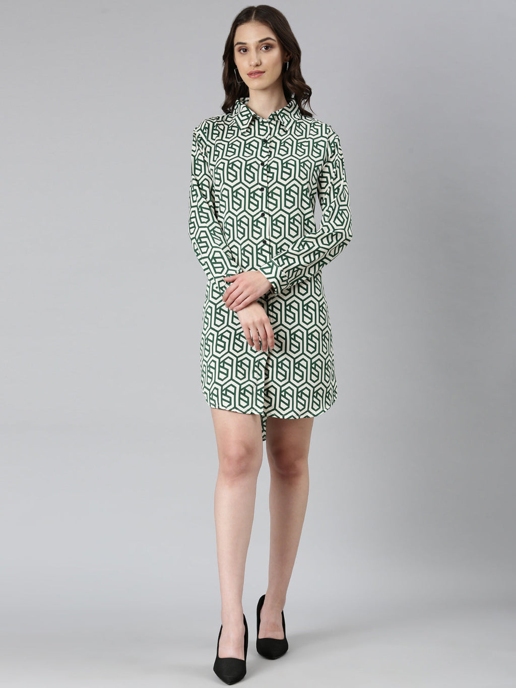 Women's Cream Geometric Printed Shirt Collar Georgette Mini Shirt Dress